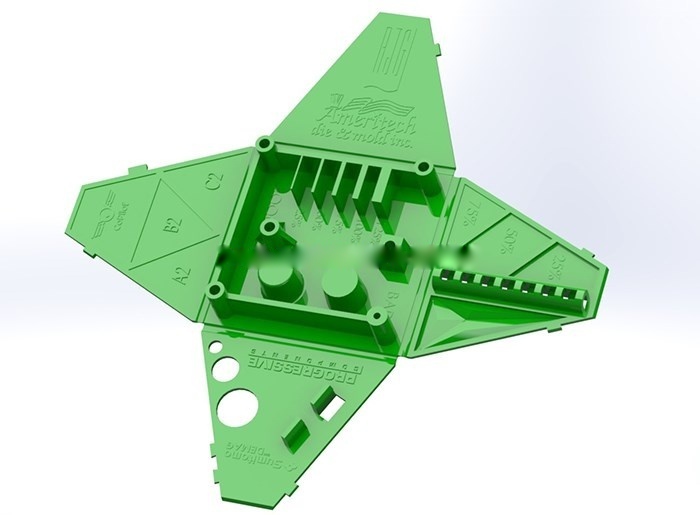 Hot runner drop nozzle and complex cavity gating layout for precision electronic housing