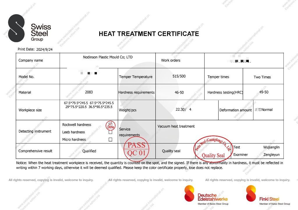 Swiss Steel 2083 vacuum heat treatment certificate verifying 49-50 HRC hardness for Nodinson