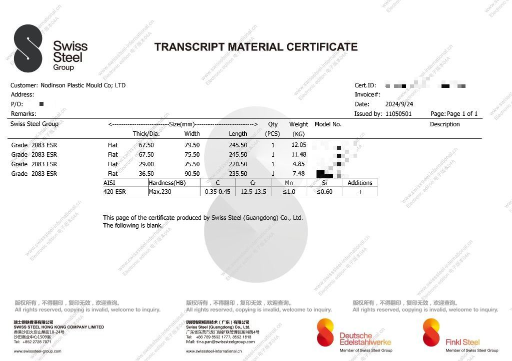 Swiss Steel 2083 ESR material certificate transcript with chemical composition for Nodinson