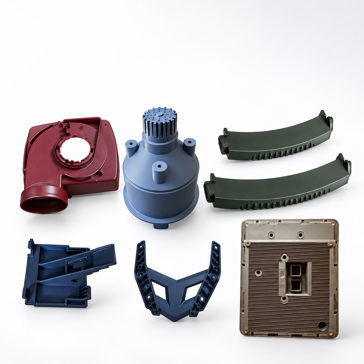 Redrawn assortment of seven industrial plastic components on a white background