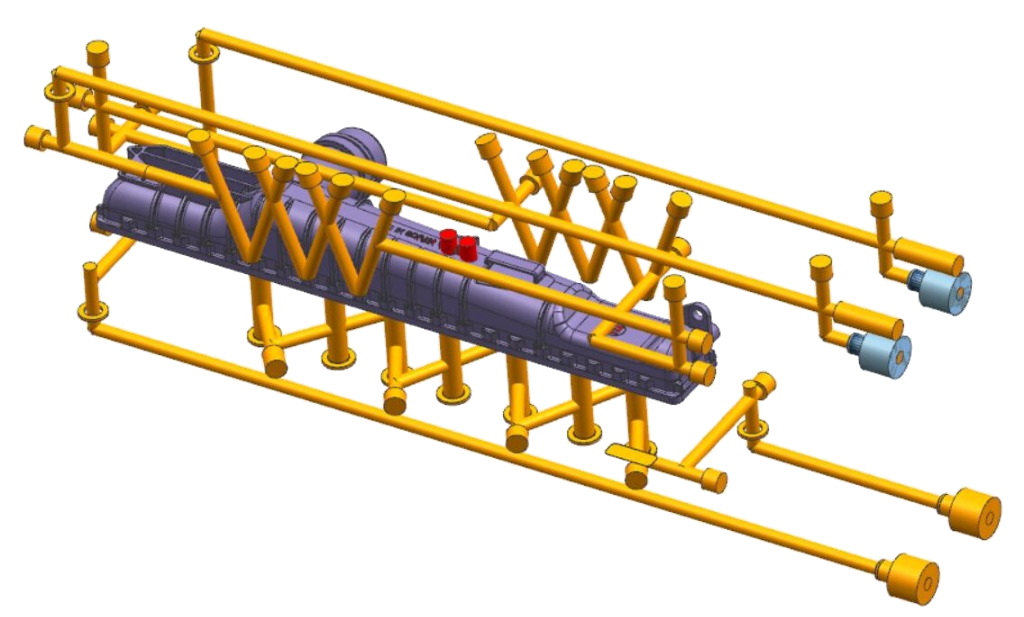 3D CAD visualization of multi-branch conformal cooling waterlines wrapped around an intricate molded housing