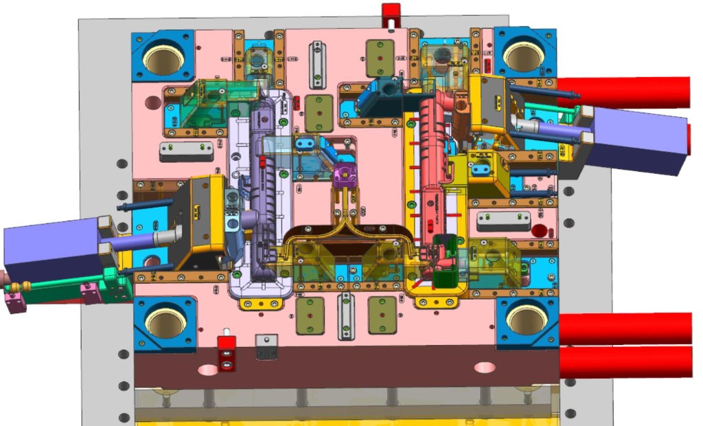 3D CAD injection mold tooling layout showing hydraulic core pulls, angled slides, and parting shut-offs