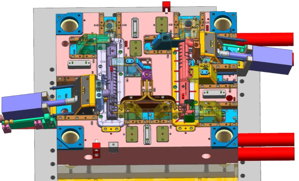 Top-down 3D CAD view of complex mold parting surface with multi-directional hydraulic slide cylinders and lifters