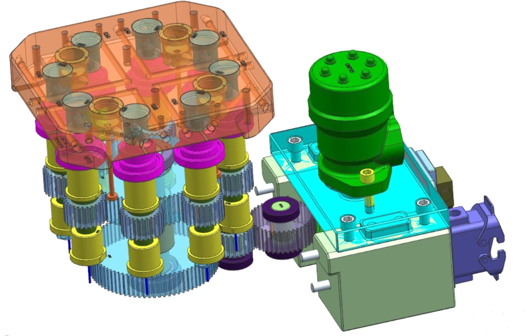 3D CAD cutaway of 8-cavity synchronized gear train unscrewing mechanism with motor drive and internal core cooling