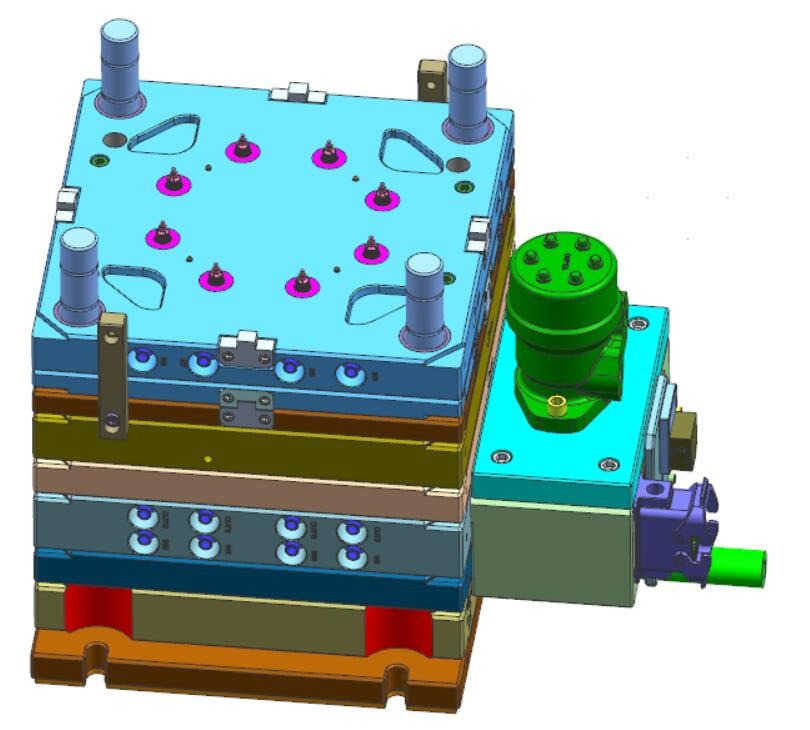 3D CAD multi-plate injection mold assembly with balanced runner system and stripper plate architecture