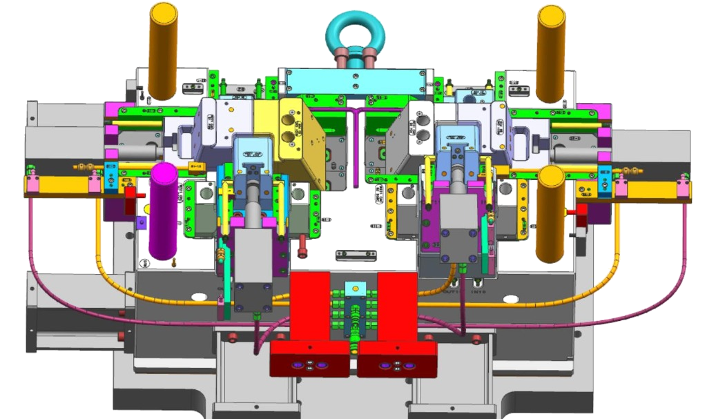 Top view 3D CAD model of heavy-duty slide heel blocks, hydraulic cylinders, and position limit sensors